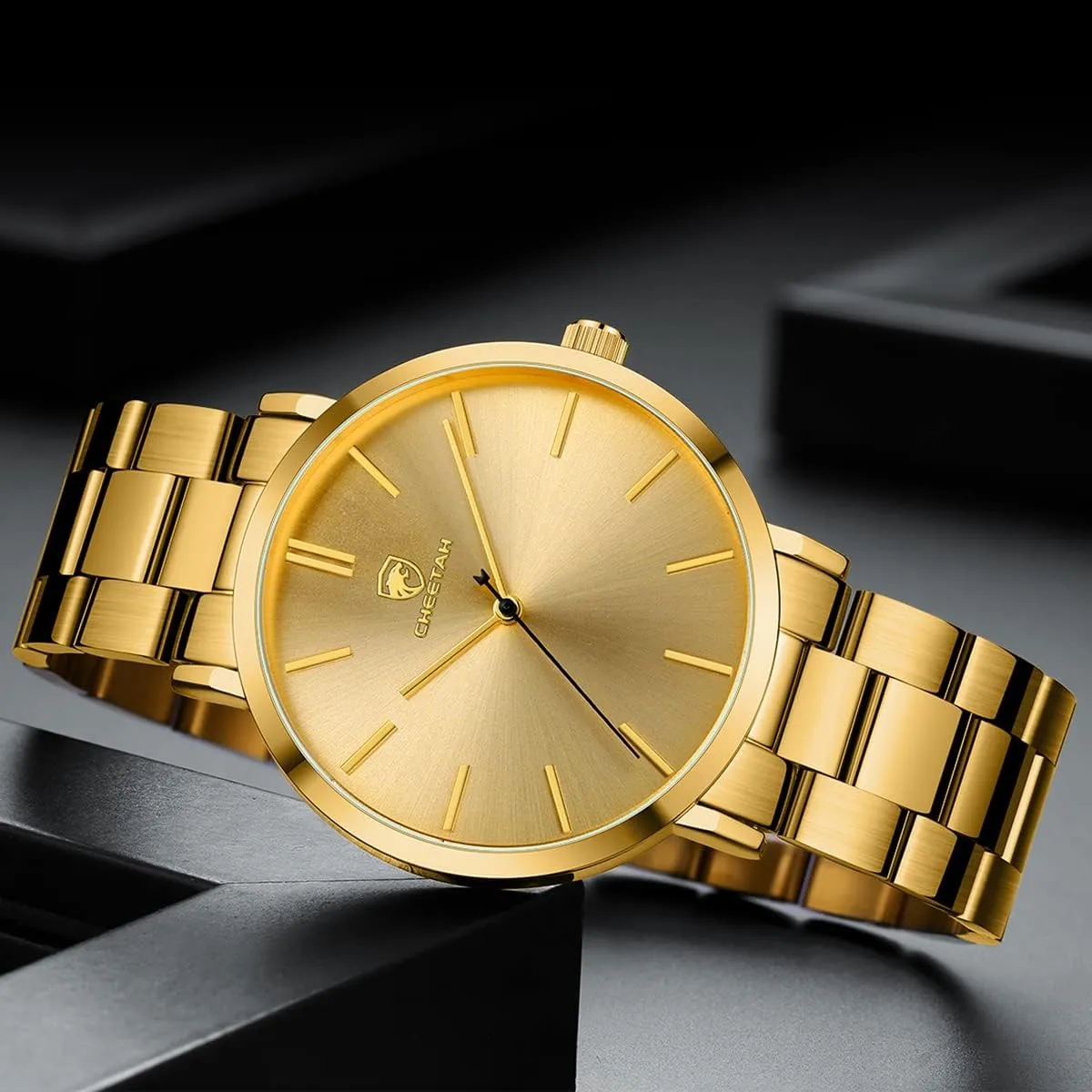 GOLDEN HOUR Men's Watches Slim Minimalist Runway Plated Stainless Steel Quartz Analog Watch