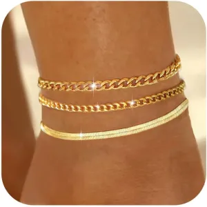 Gold/Silver Anklets for Women, 14K Gold Plated Anklets for Women Waterproof Beads Cuban Herringbone Tennis Paperclip Ankle Bracelets Stack Set Summer Beach Foot Bracelets Gold Jewelry Gifts