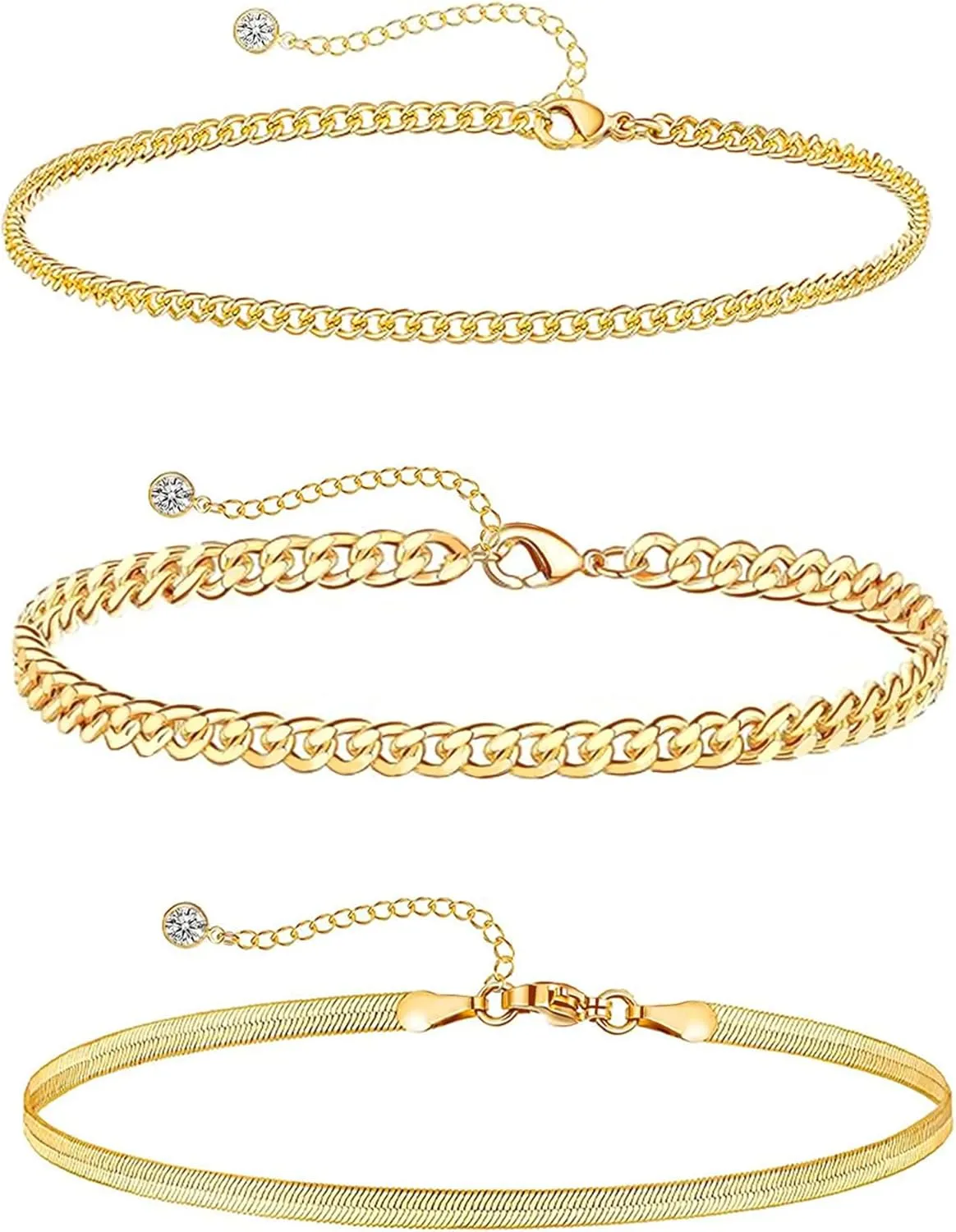 Gold/Silver Anklets for Women, 14K Gold Plated Anklets for Women Waterproof Beads Cuban Herringbone Tennis Paperclip Ankle Bracelets Stack Set Summer Beach Foot Bracelets Gold Jewelry Gifts