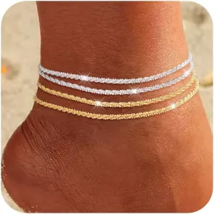 Gold/Silver Anklets for Women,14k Gold/Silver Plated Evil Eye Ankle Bracelets for Women Waterproof Layered lightweight Cuban Link Figaro Chain Diamond Heart Anklet Summer Beach Jewelry Gift