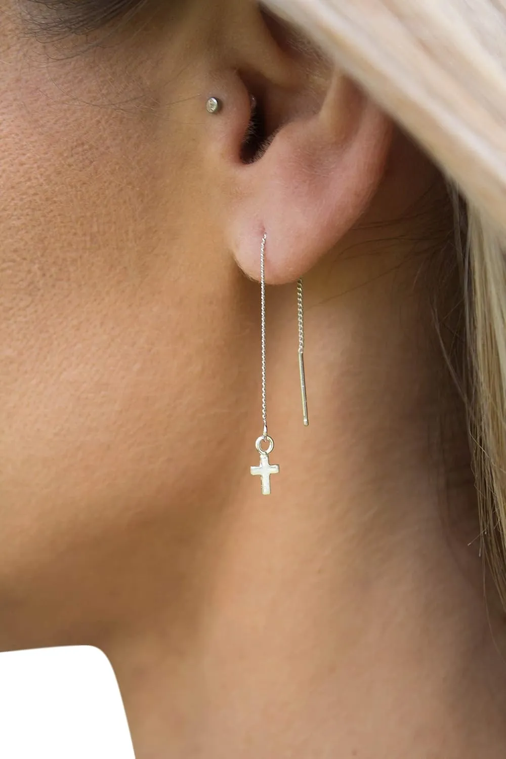 Gold/Silver Tiny Cross Threader Earrings, Vertical Chain Drop Earrings, Dainty Tiny Dangle Earrings, Minimalist Earrings, Dainty Ear post