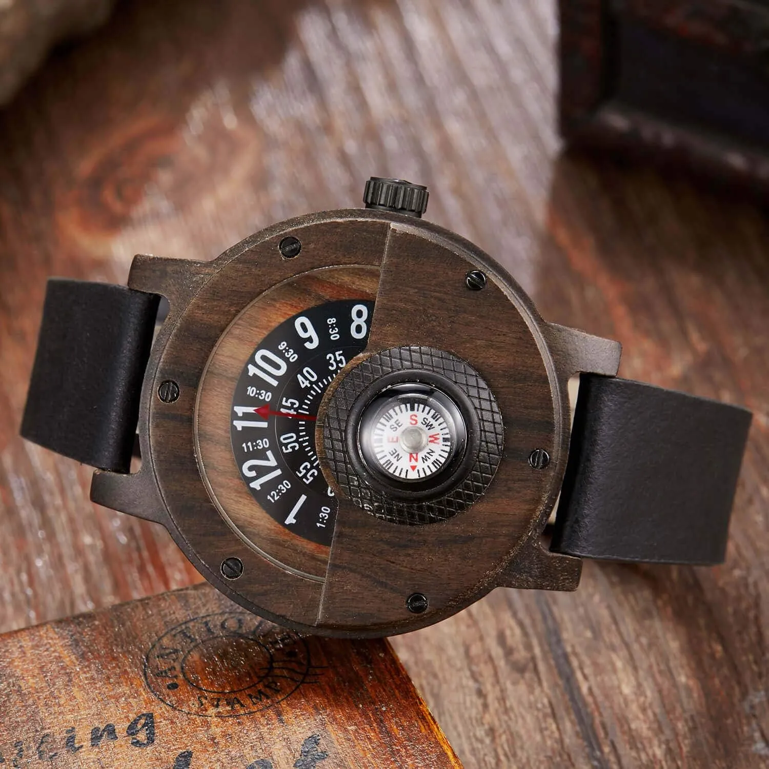 GORBEN Compass Watches for Men, Turntable Wooden Watch, Lightweight Handmade, Quartz Sports Watch