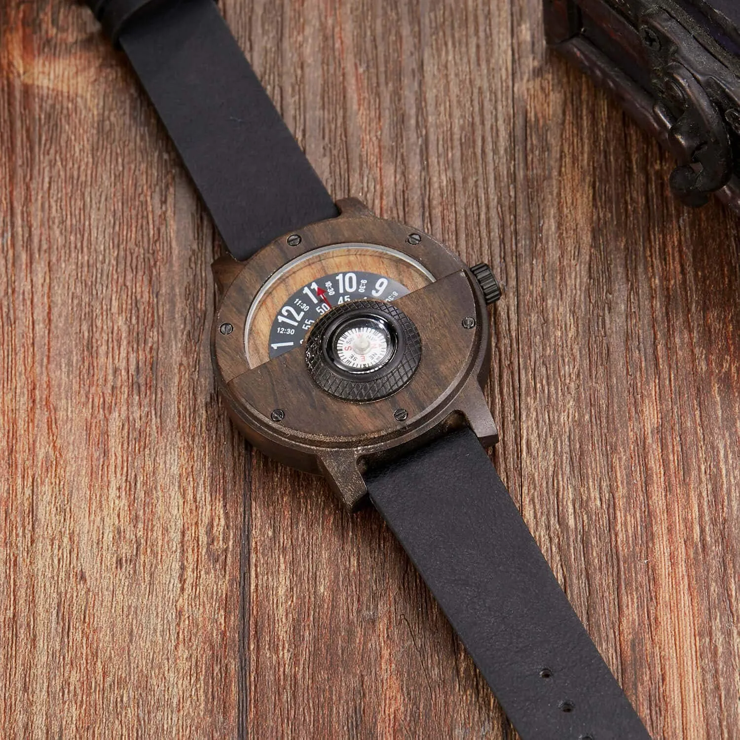 GORBEN Compass Watches for Men, Turntable Wooden Watch, Lightweight Handmade, Quartz Sports Watch