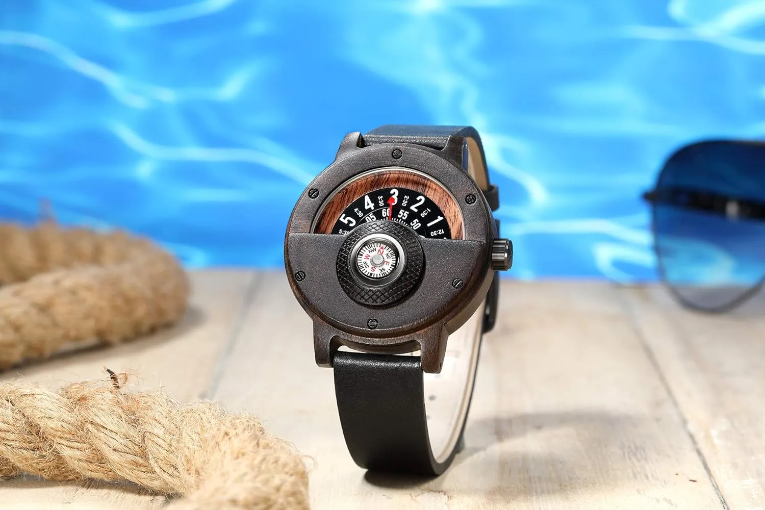 GORBEN Compass Watches for Men, Turntable Wooden Watch, Lightweight Handmade, Quartz Sports Watch