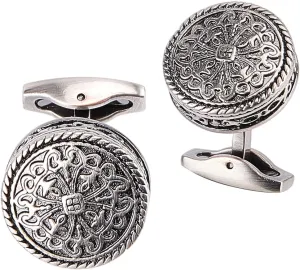 GORGECRAFT 1 Box 2Pcs Cufflinks Studs Set Antique Silver Metal Alloy Vintage Flat Round Flower Carbon Fiber Tuxedo Shirt Cufflink for Wedding Business Birthday Anniversary Father's Day Accessories