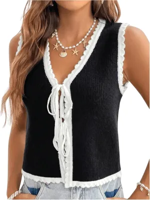 GORGLITTER Women's Tie Front Tops Trendy 2025 V Neck Sleeveless Sweater Vests Fashion Crochet Knit Tops