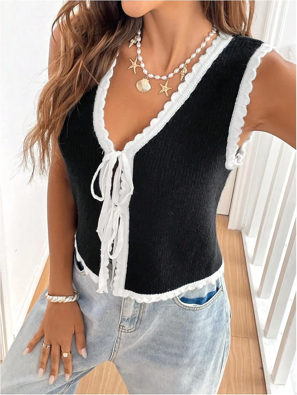GORGLITTER Women's Tie Front Tops Trendy 2025 V Neck Sleeveless Sweater Vests Fashion Crochet Knit Tops