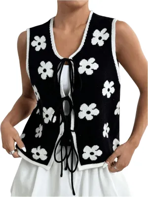 GORGLITTER Women's Tie Front Tops Trendy 2025 V Neck Sleeveless Sweater Vests Fashion Crochet Knit Tops