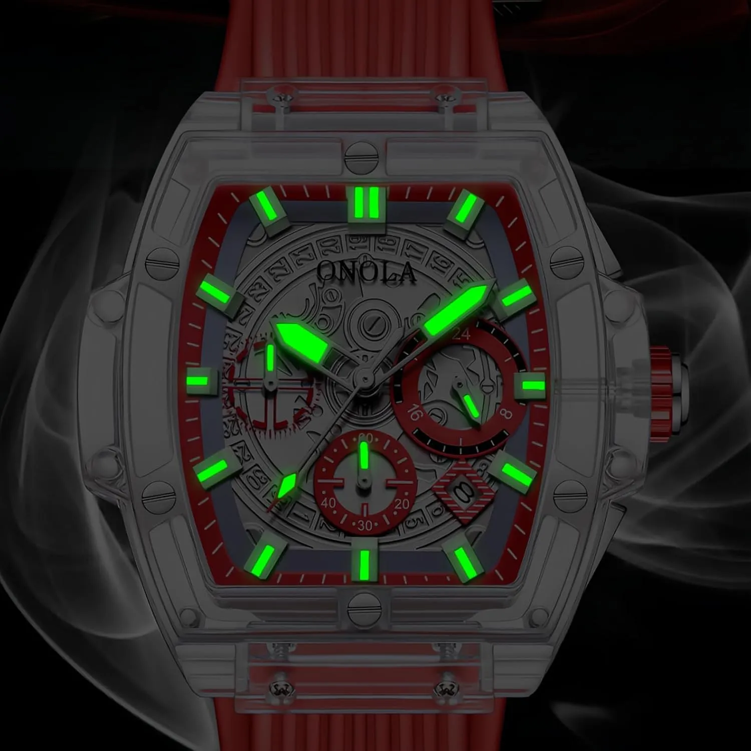 Gosasa Fashion Men's Quartz Watch Tonneau Transparent Case Date Luminous Waterproof Analog Casual Business Wristwatch with Silicone Strap