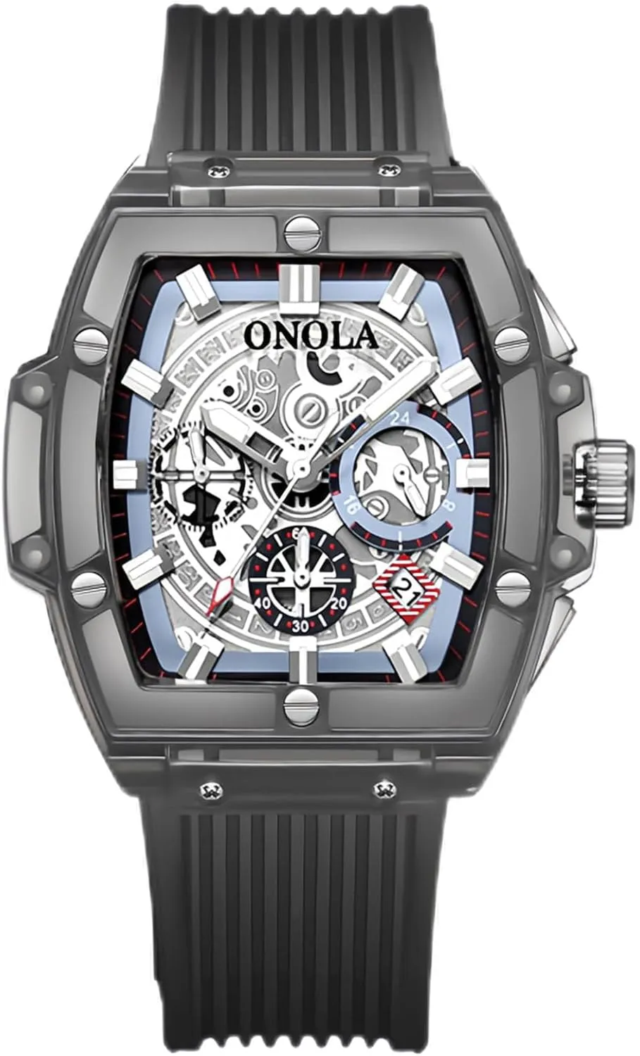 Gosasa Fashion Men's Quartz Watch Tonneau Transparent Case Date Luminous Waterproof Analog Casual Business Wristwatch with Silicone Strap
