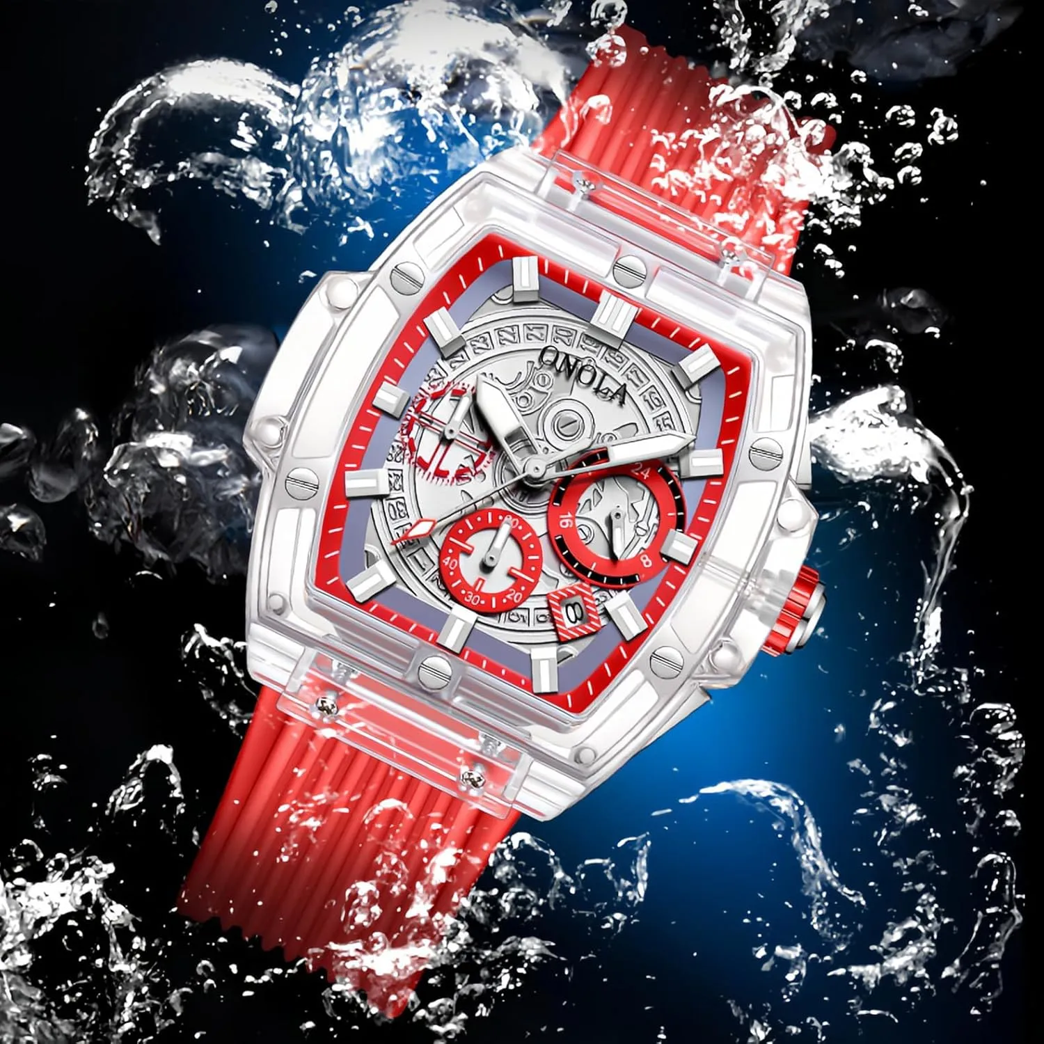 Gosasa Fashion Men's Quartz Watch Tonneau Transparent Case Date Luminous Waterproof Analog Casual Business Wristwatch with Silicone Strap