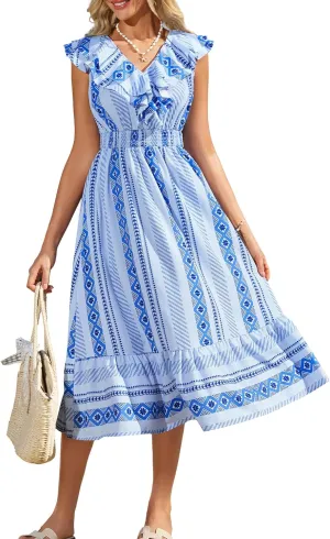 GRACE KARIN Women's Summer Dress Casual Boho Beach V Neck Smocked Waist Front Ruffle Floral Maxi Dresses with Pockets