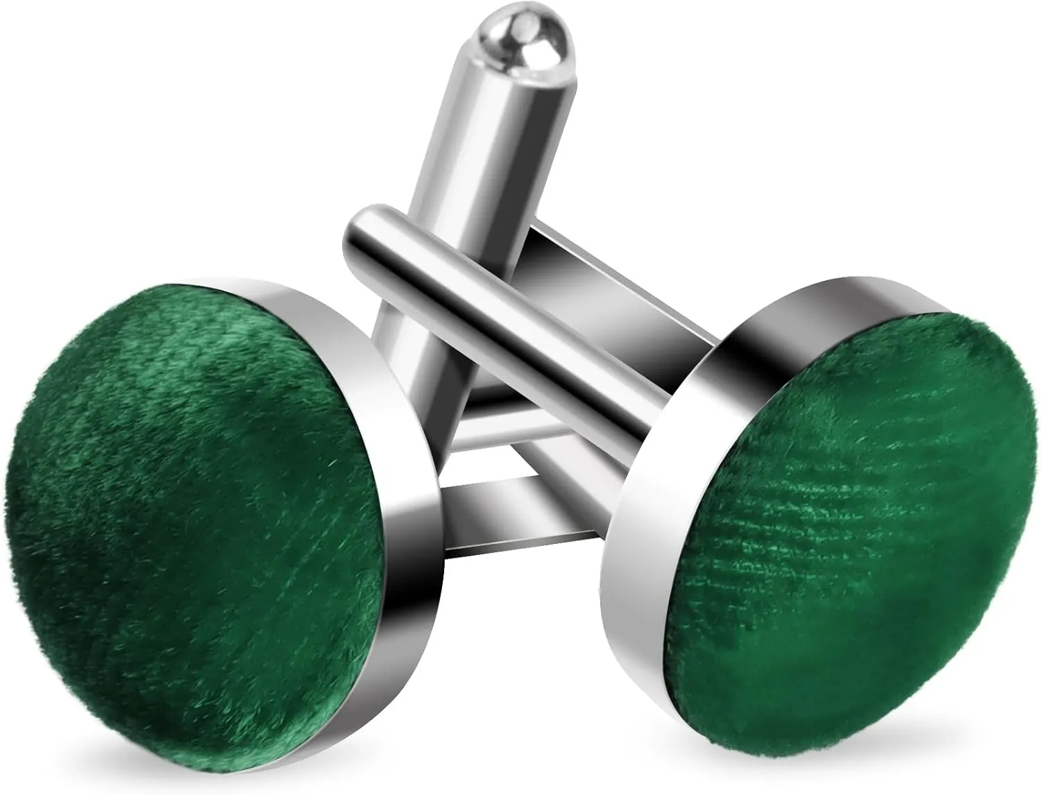 Green Cufflinks for Men, Velvet Fabric Stainless Steel Silver Cuff Links, 0.7" Diameter
