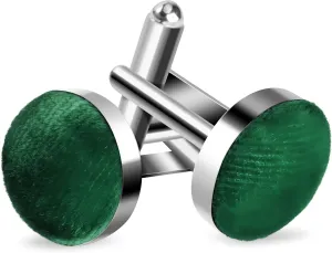 Green Cufflinks for Men, Velvet Fabric Stainless Steel Silver Cuff Links, 0.7" Diameter