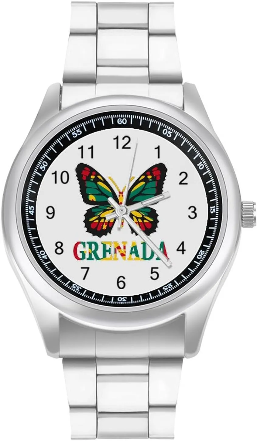Grenada Flag Butterfly Watches Stainless Steel Band Wristwatch Business Dress Watch for Work Home