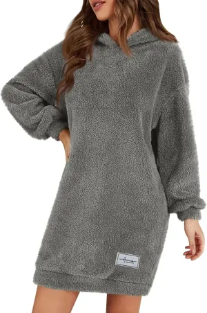 Gumipy Women Oversized Sweatshirt Dress Fuzzy Fleece Hoodie Dress Soft Hooded Long Sleeve Dress Casual Winter Dresses