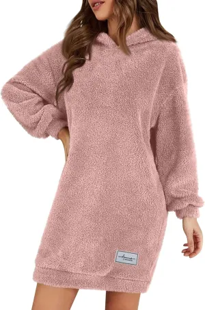 Gumipy Women Oversized Sweatshirt Dress Fuzzy Fleece Hoodie Dress Soft Hooded Long Sleeve Dress Casual Winter Dresses