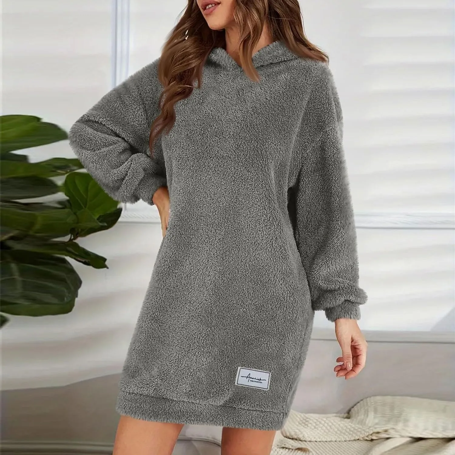 Gumipy Women Oversized Sweatshirt Dress Fuzzy Fleece Hoodie Dress Soft Hooded Long Sleeve Dress Casual Winter Dresses