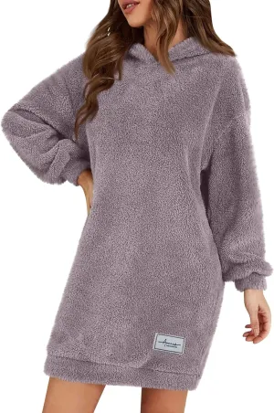 Gumipy Women Oversized Sweatshirt Dress Fuzzy Fleece Hoodie Dress Soft Hooded Long Sleeve Dress Casual Winter Dresses