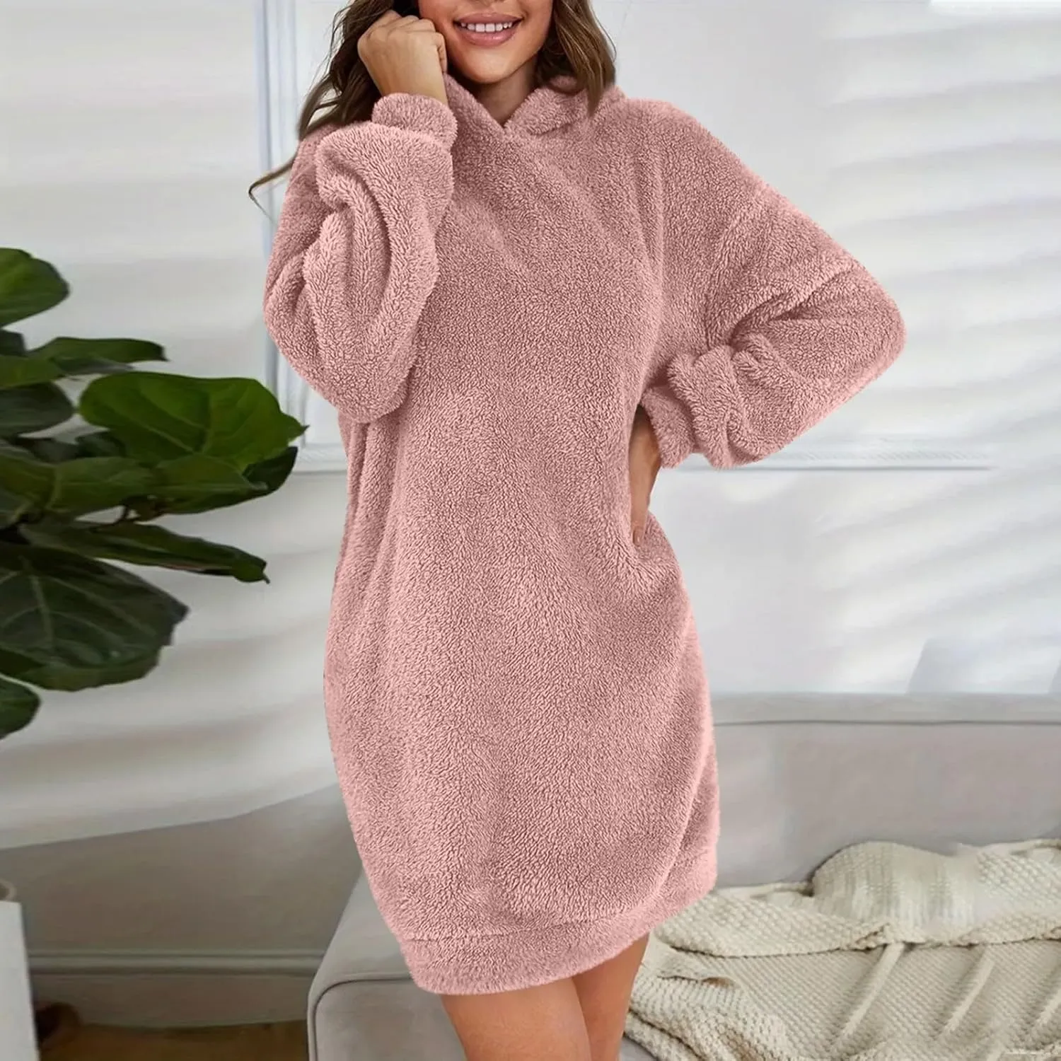 Gumipy Women Oversized Sweatshirt Dress Fuzzy Fleece Hoodie Dress Soft Hooded Long Sleeve Dress Casual Winter Dresses