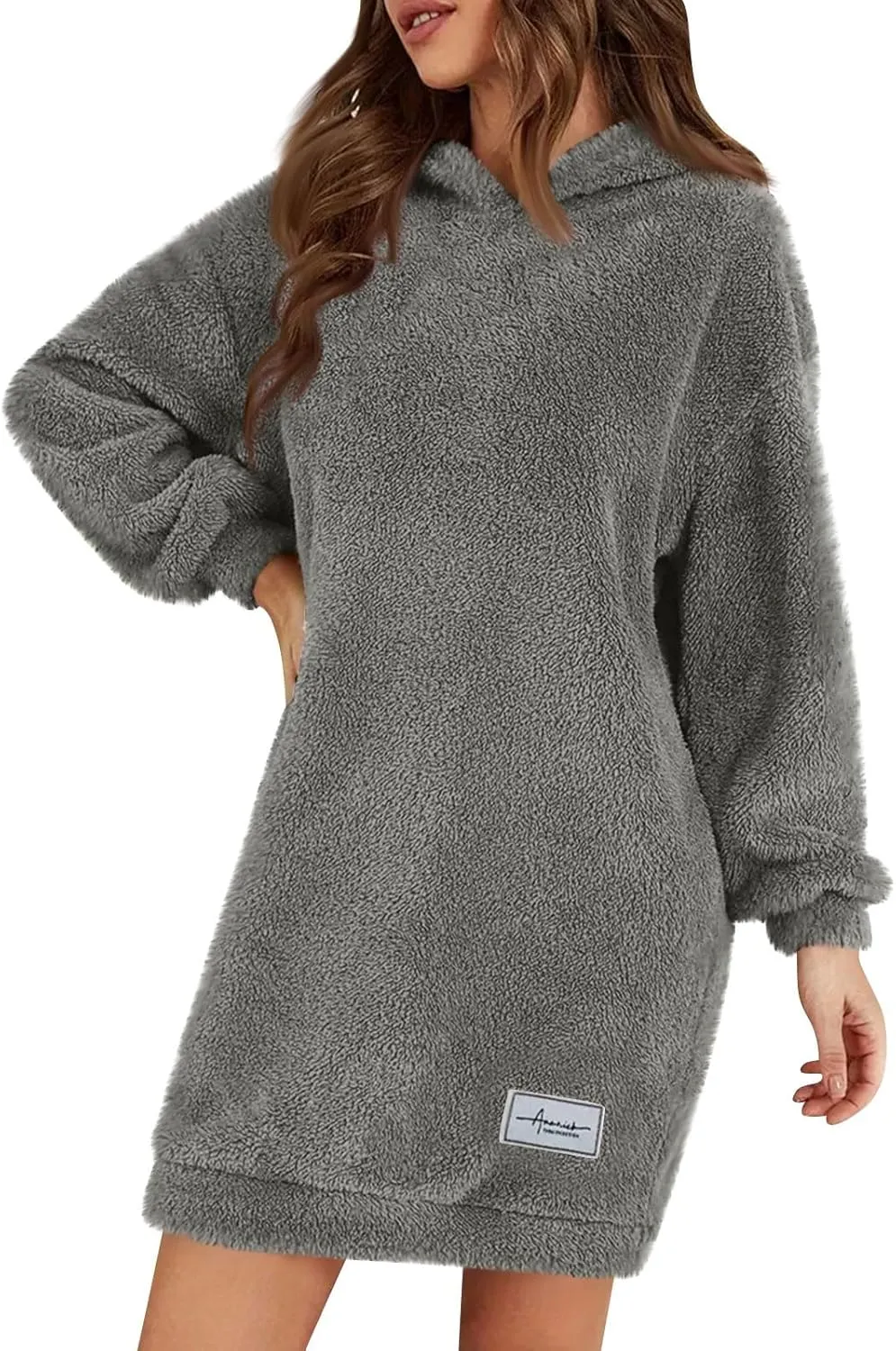 Gumipy Women Oversized Sweatshirt Dress Fuzzy Fleece Hoodie Dress Soft Hooded Long Sleeve Dress Casual Winter Dresses