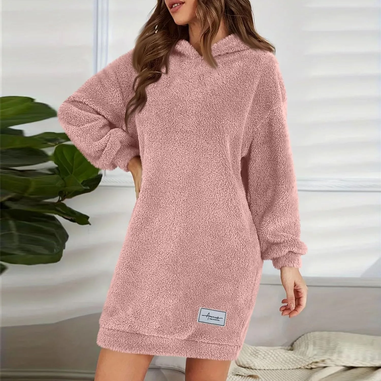 Gumipy Women Oversized Sweatshirt Dress Fuzzy Fleece Hoodie Dress Soft Hooded Long Sleeve Dress Casual Winter Dresses