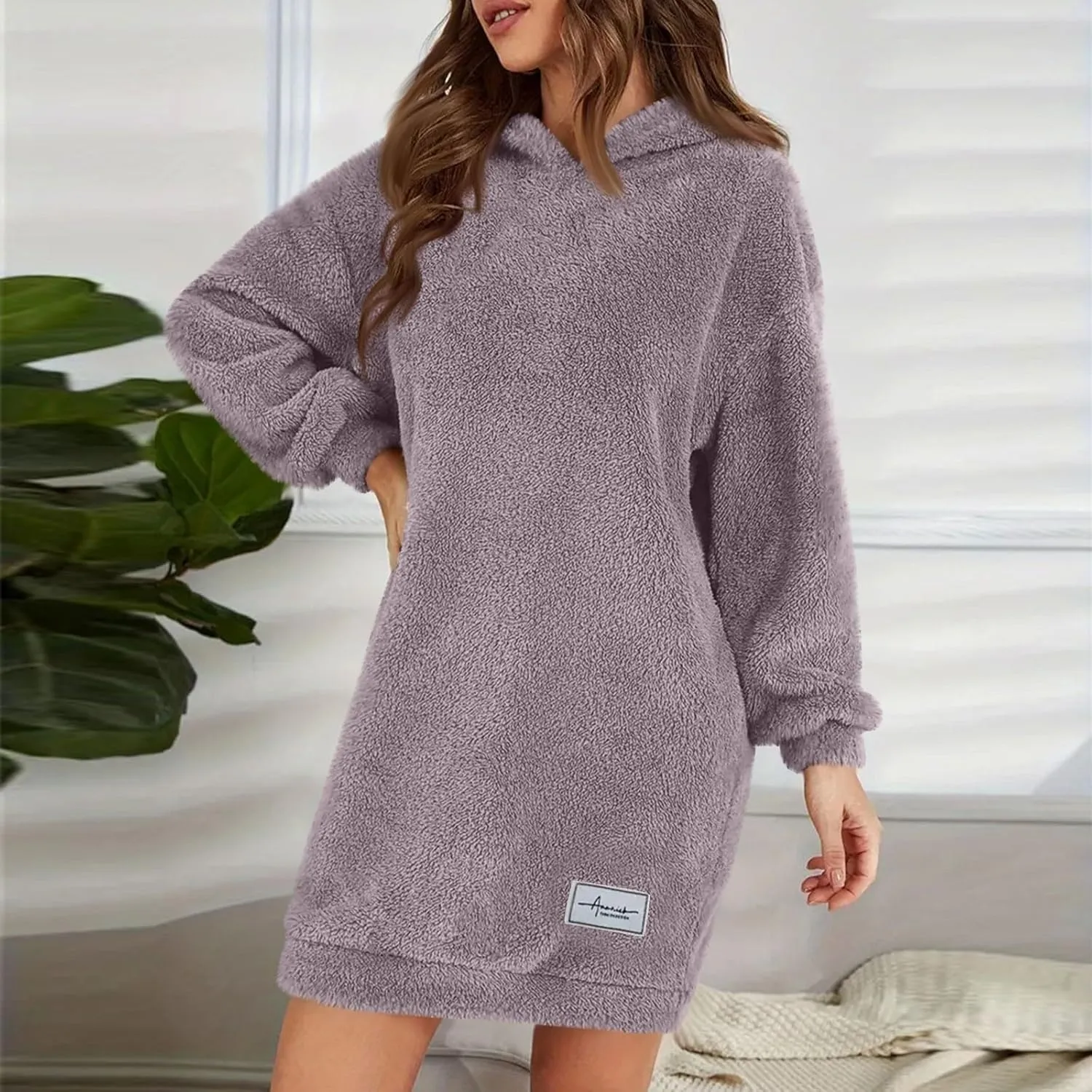 Gumipy Women Oversized Sweatshirt Dress Fuzzy Fleece Hoodie Dress Soft Hooded Long Sleeve Dress Casual Winter Dresses