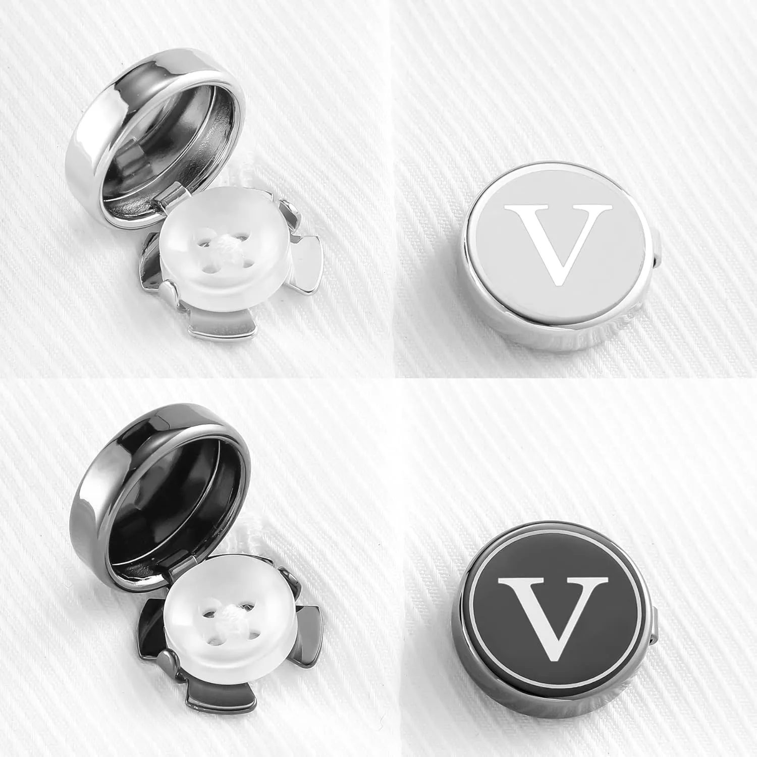 GWD Mens Cufflinks Classic Silver Black 26 Alphabet Letter Button Covers for Men Cuff Buttons Business Wedding Shirts A-Z
