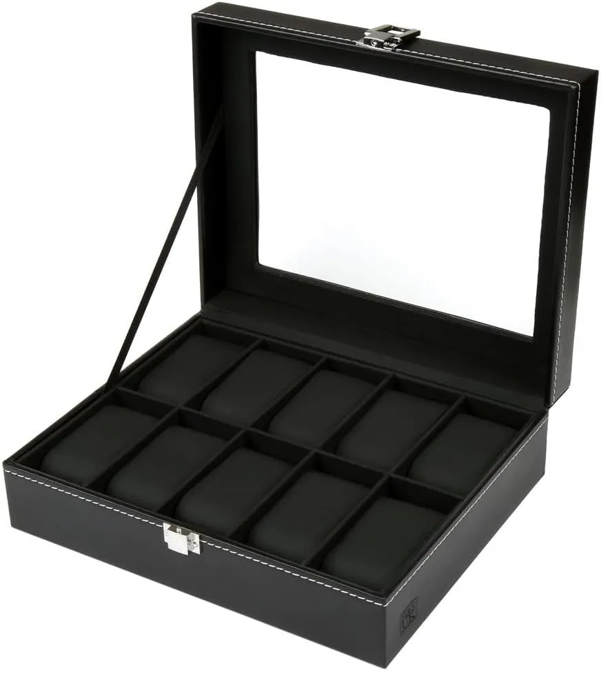 H&S Watch Box Organizer for Men & Women - Black Faux Leather Watch Holder w/Velvet Lining - Display Case Stores up to 10 Watches
