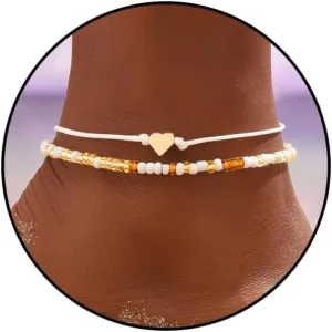 Handmade Beaded Anklets for Women Gold Heart Anklet Chain Boho White Beaded Ankle Bracelets Adjustable Beach Foot Anklet Set Summer Jewelry Gifts for Women