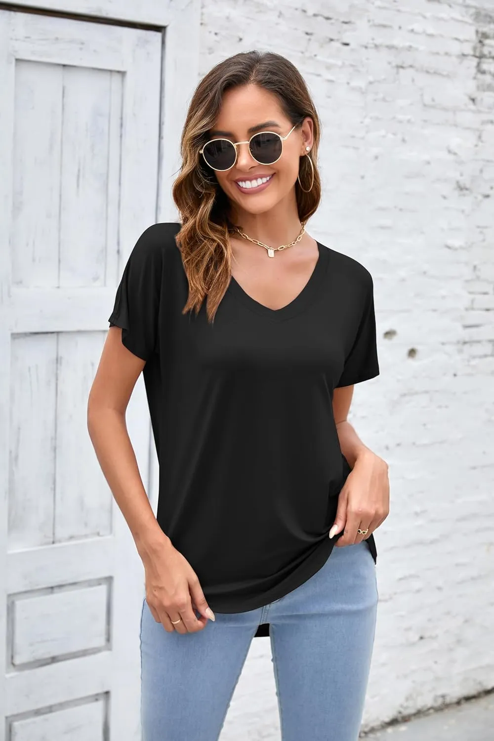 Herou Short Sleeve V Neck Womens Basic Tops Casual Loose Fit T Shirts Soft Tees for Women