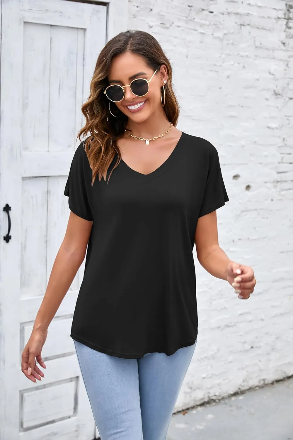 Herou Short Sleeve V Neck Womens Basic Tops Casual Loose Fit T Shirts Soft Tees for Women