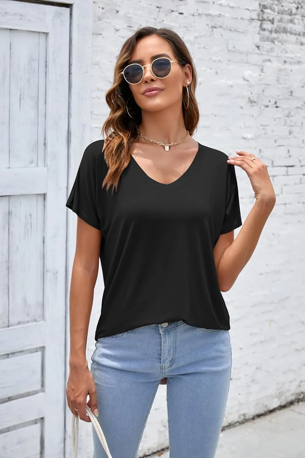 Herou Short Sleeve V Neck Womens Basic Tops Casual Loose Fit T Shirts Soft Tees for Women