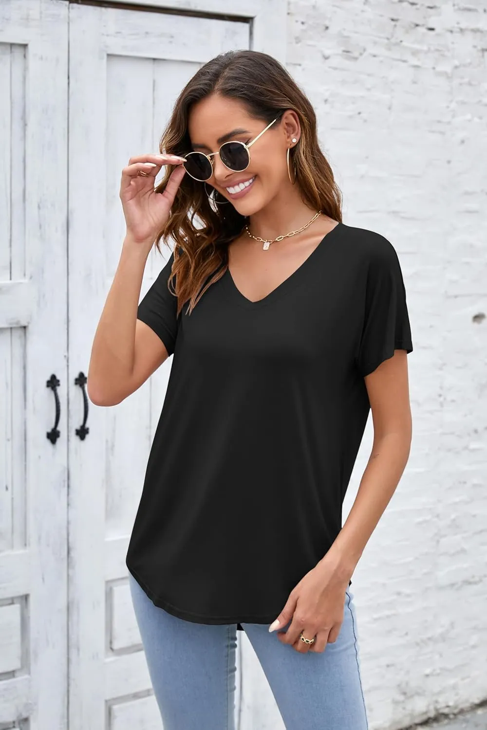 Herou Short Sleeve V Neck Womens Basic Tops Casual Loose Fit T Shirts Soft Tees for Women