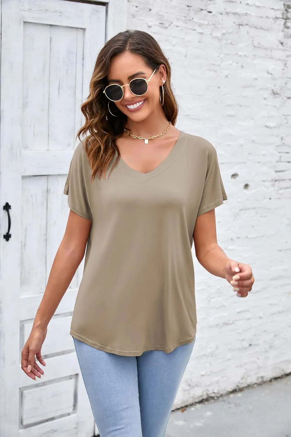 Herou Short Sleeve V Neck Womens Basic Tops Casual Loose Fit T Shirts Soft Tees for Women