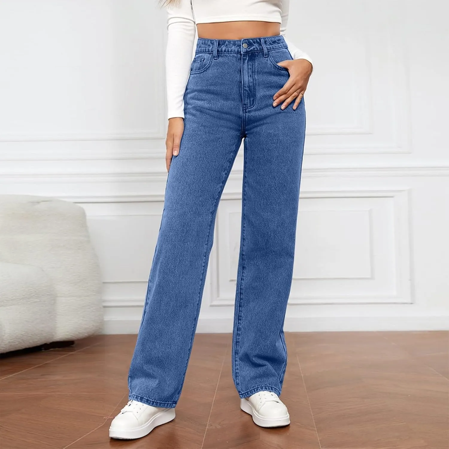 High Rise Jeans for Women Wide Leg Stretchy Pants Straight Leg Loose Denim Tummy Control Trousers with Pockets