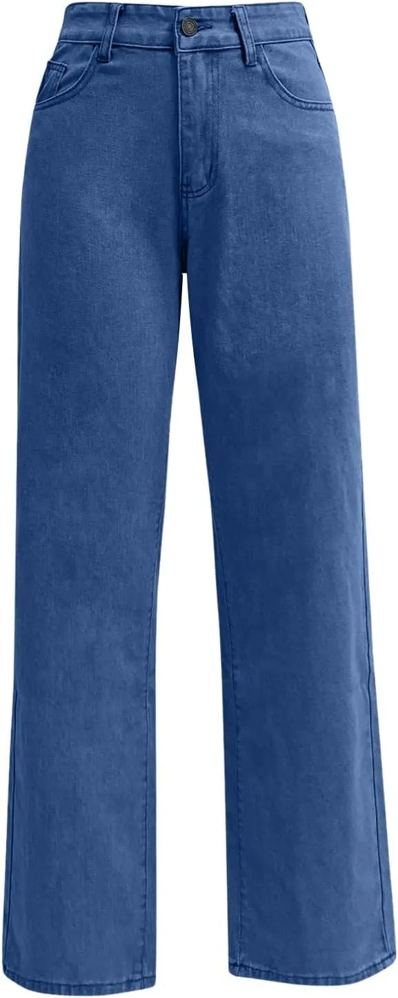 High Rise Jeans for Women Wide Leg Stretchy Pants Straight Leg Loose Denim Tummy Control Trousers with Pockets