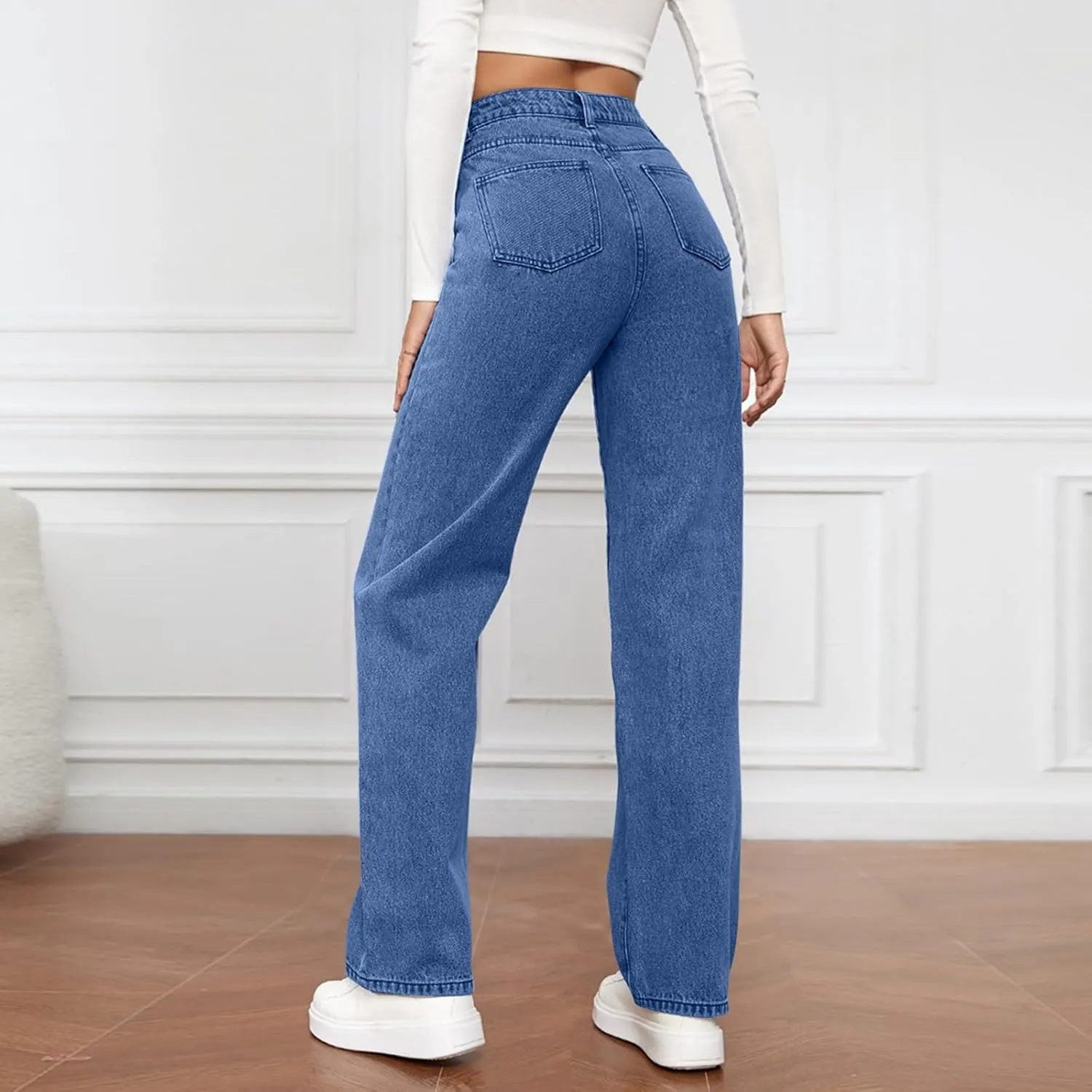 High Rise Jeans for Women Wide Leg Stretchy Pants Straight Leg Loose Denim Tummy Control Trousers with Pockets