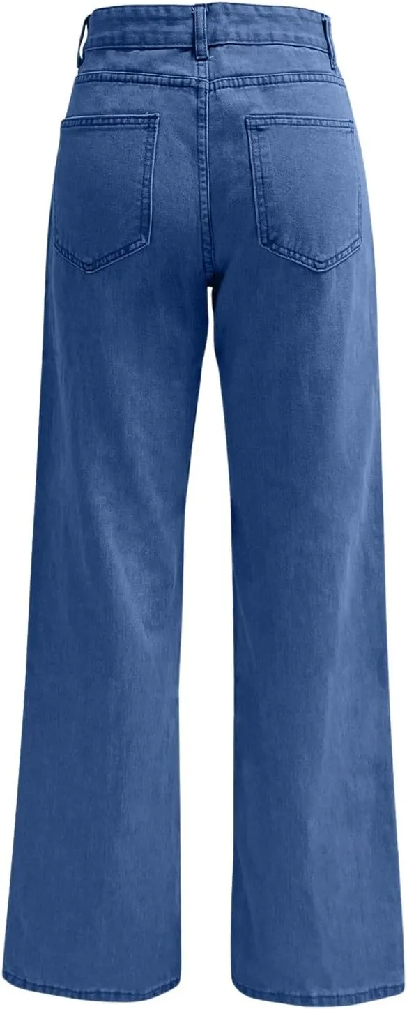 High Rise Jeans for Women Wide Leg Stretchy Pants Straight Leg Loose Denim Tummy Control Trousers with Pockets