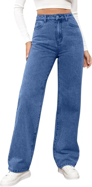 High Rise Jeans for Women Wide Leg Stretchy Pants Straight Leg Loose Denim Tummy Control Trousers with Pockets