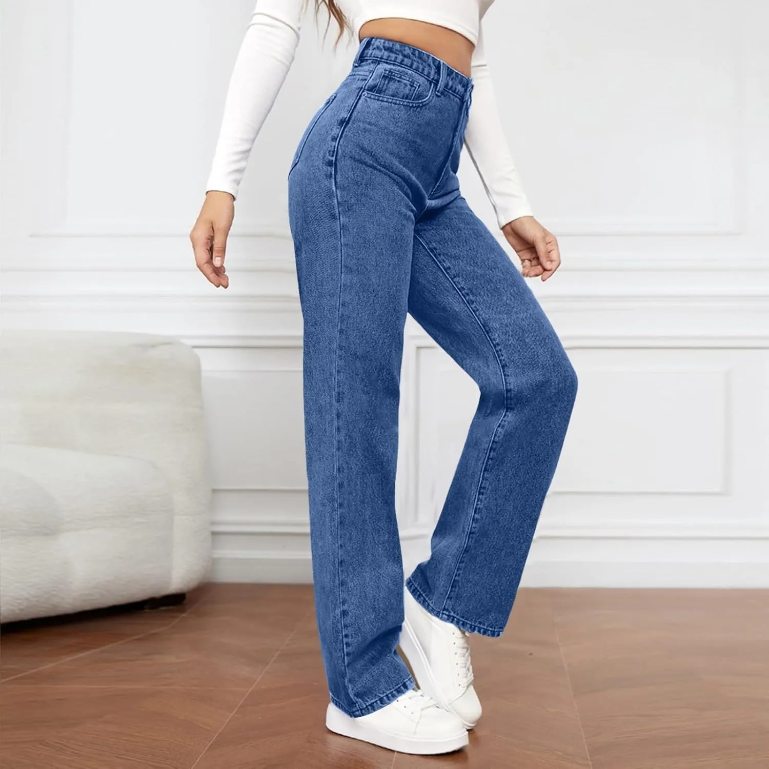 High Rise Jeans for Women Wide Leg Stretchy Pants Straight Leg Loose Denim Tummy Control Trousers with Pockets