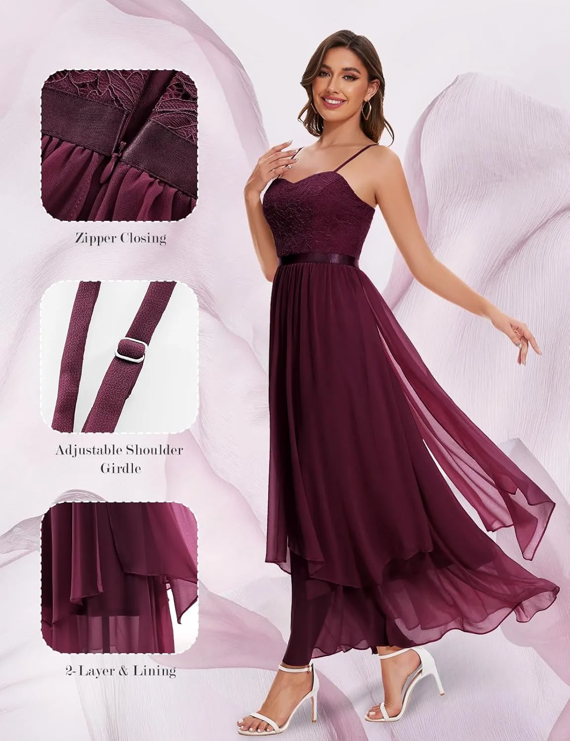 HomRain Women Spaghetti Strap Chiffon Maxi Dress Cocktail Prom Homecoming Wedding Guest Dress