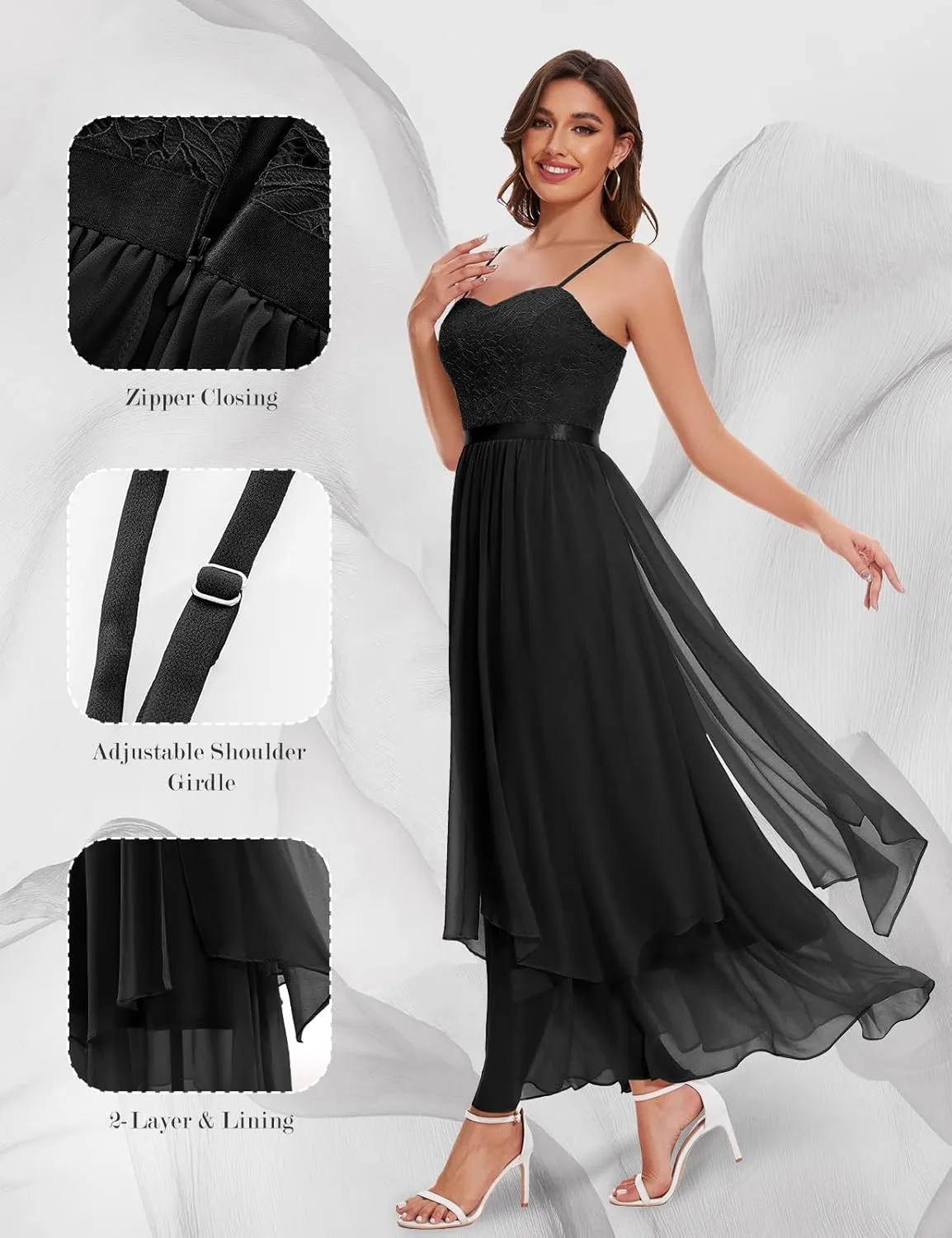 HomRain Women Spaghetti Strap Chiffon Maxi Dress Cocktail Prom Homecoming Wedding Guest Dress