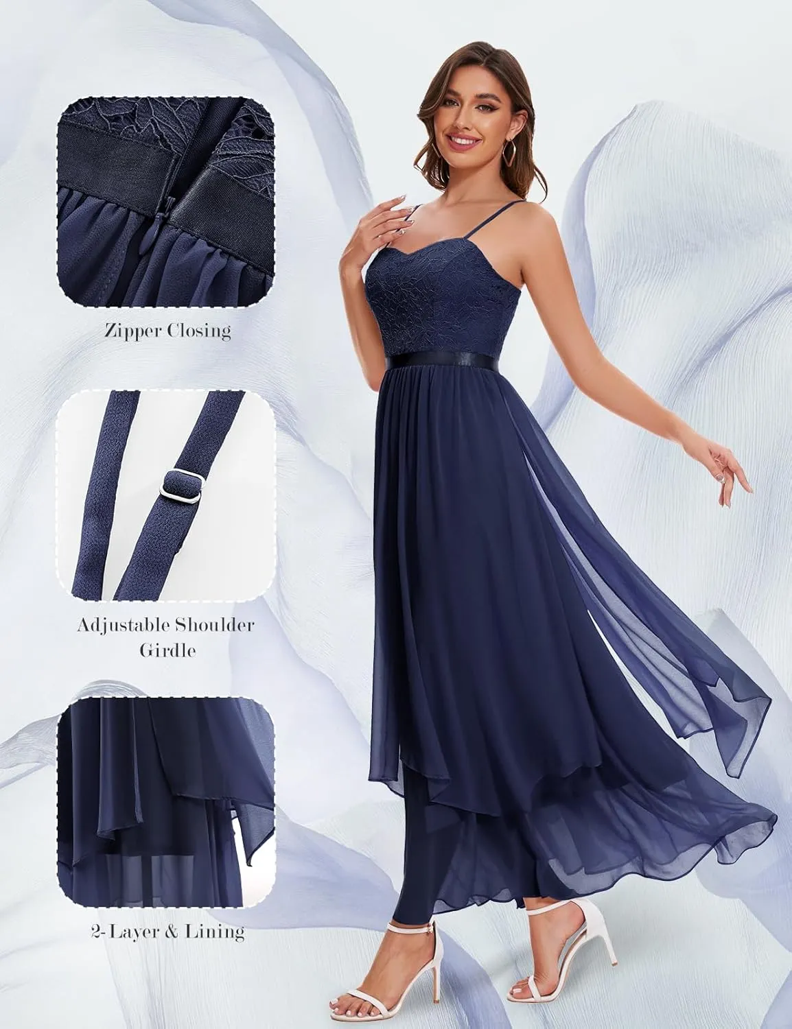 HomRain Women Spaghetti Strap Chiffon Maxi Dress Cocktail Prom Homecoming Wedding Guest Dress