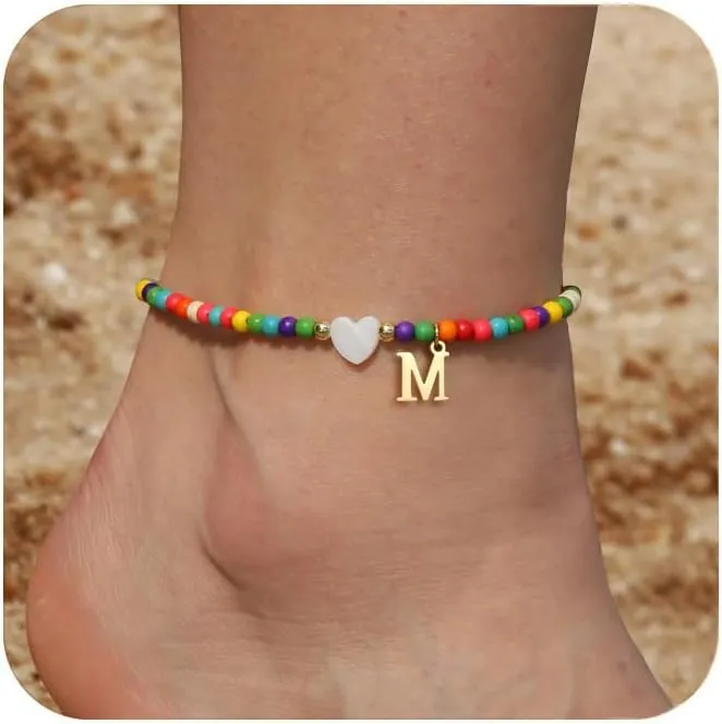 Honsny Ankle Bracelets for Women Initial Anklets Waterproof Boho Beaded Dainty Ankle Bracelets for Teen Letter Heart Handmade Adjustable Foot Chain Anklet Summer Vacation Colorful Jewelry Gift