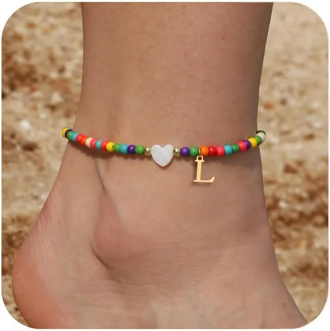 Honsny Ankle Bracelets for Women Initial Anklets Waterproof Boho Beaded Dainty Ankle Bracelets for Teen Letter Heart Handmade Adjustable Foot Chain Anklet Summer Vacation Colorful Jewelry Gift