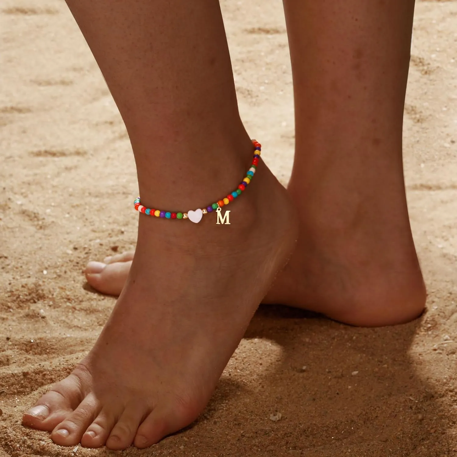 Honsny Ankle Bracelets for Women Initial Anklets Waterproof Boho Beaded Dainty Ankle Bracelets for Teen Letter Heart Handmade Adjustable Foot Chain Anklet Summer Vacation Colorful Jewelry Gift