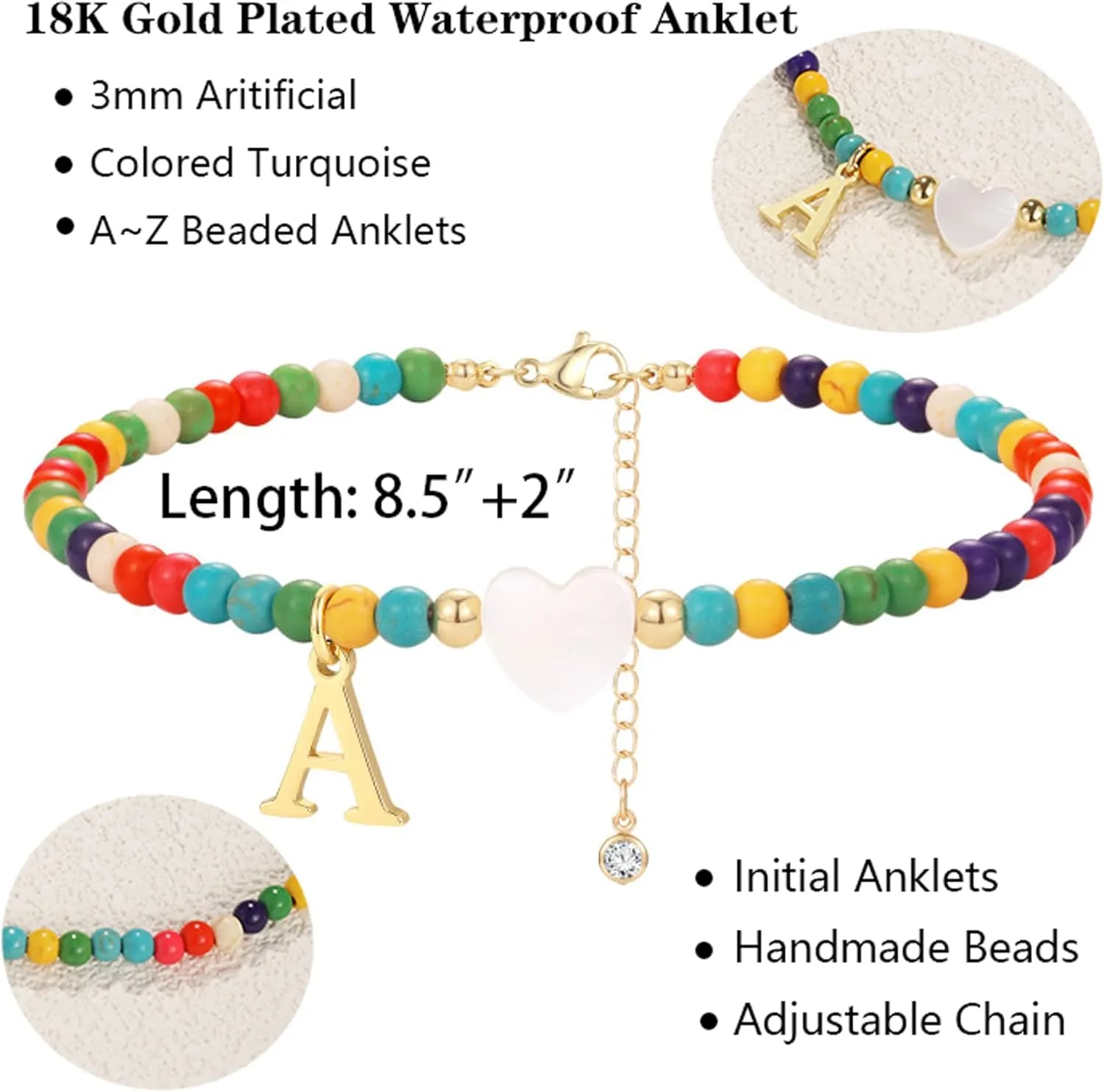 Honsny Ankle Bracelets for Women Initial Anklets Waterproof Boho Beaded Dainty Ankle Bracelets for Teen Letter Heart Handmade Adjustable Foot Chain Anklet Summer Vacation Colorful Jewelry Gift