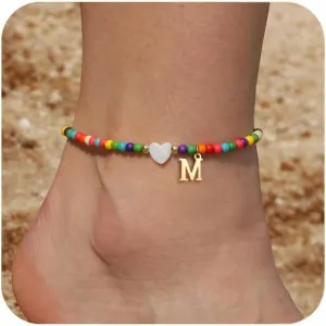 Honsny Ankle Bracelets for Women Initial Anklets Waterproof Boho Beaded Dainty Ankle Bracelets for Teen Letter Heart Handmade Adjustable Foot Chain Anklet Summer Vacation Colorful Jewelry Gift