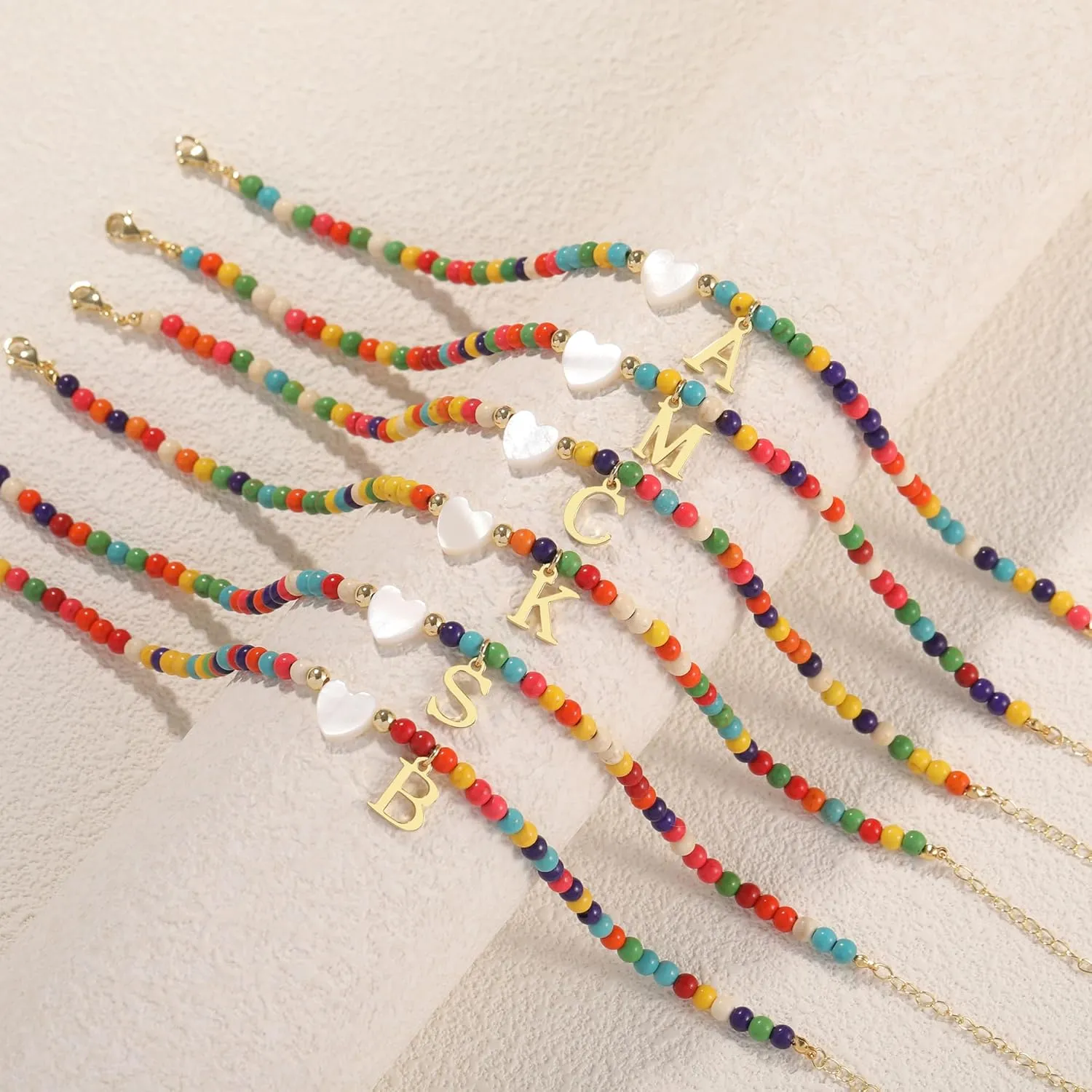 Honsny Ankle Bracelets for Women Initial Anklets Waterproof Boho Beaded Dainty Ankle Bracelets for Teen Letter Heart Handmade Adjustable Foot Chain Anklet Summer Vacation Colorful Jewelry Gift